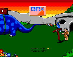 Menú de música de The Flintstones amb Fred davant d’un tocadiscs prehistòric i les opcions Music on i Music off.