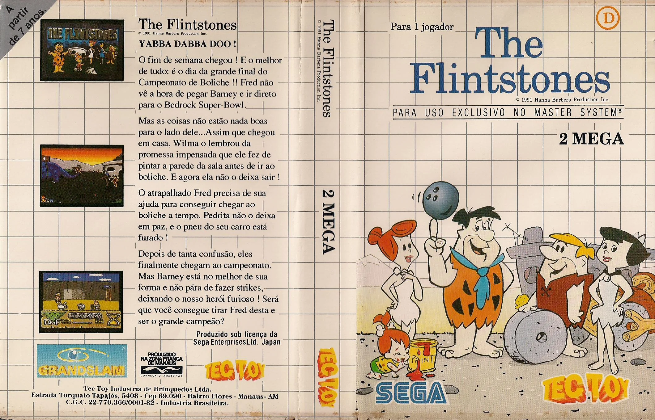 Caràtula brasilera desplegada de The Flintstones, amb text portuguès, marca Tec Toy i la indicació 2 MEGA.