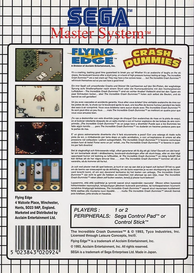 Contracoberta europea de The Incredible Crash Dummies per a Sega Master System, amb quatre captures i textos en diversos idiomes.