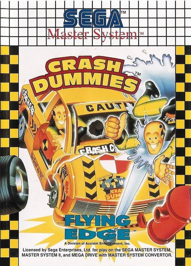 Coberta frontal europea de The Incredible Crash Dummies per a Sega Master System, amb dos maniquins al costat d’un vehicle taronja.