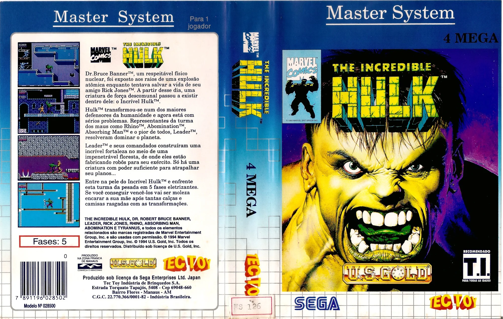 Caràtula brasilera desplegada de The Incredible Hulk, amb portada, llom, contracoberta en portuguès i quatre captures.