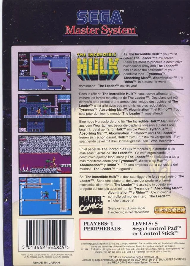 Contracoberta europea de The Incredible Hulk per a Sega Master System, amb quatre captures i text multilingüe.