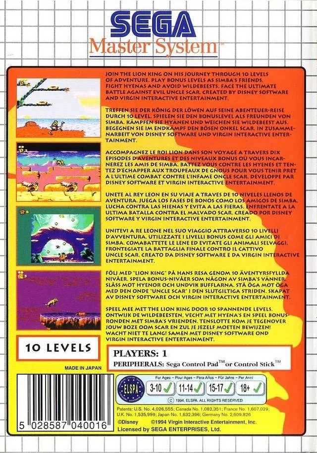 Contraportada europea de The Lion King per a Sega Master System, amb quatre captures i textos multilingües.