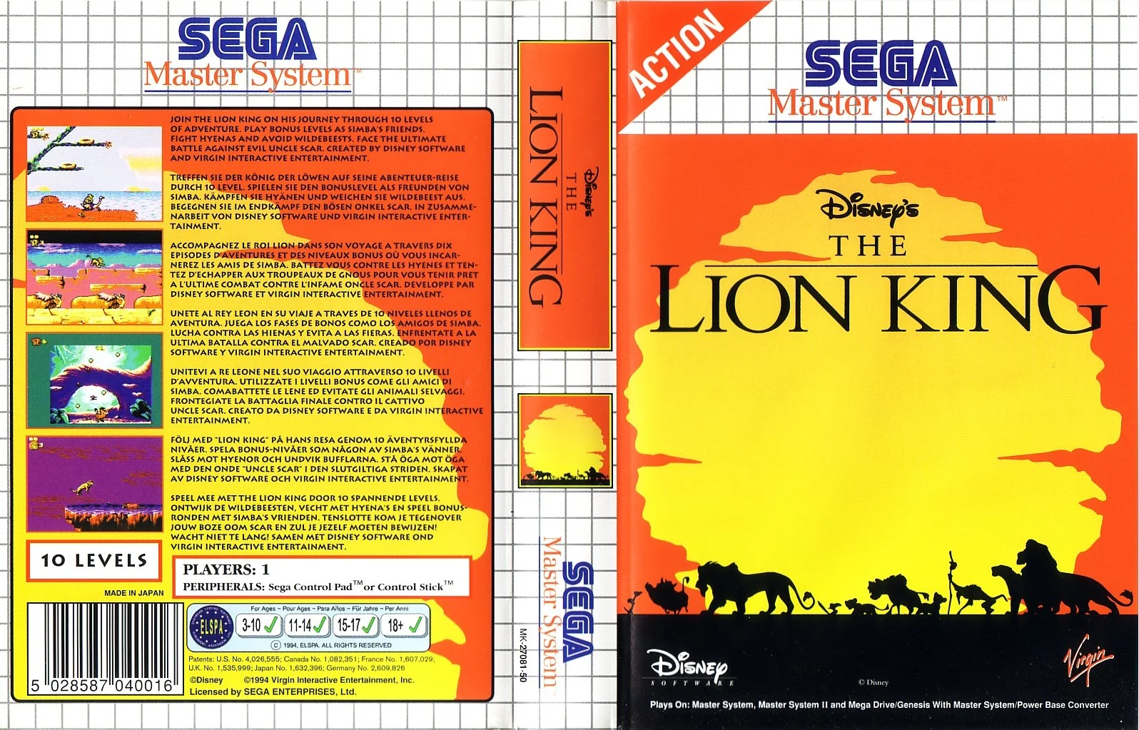 Caràtula europea desplegada de The Lion King, amb portada, llom i contraportada multilingüe.