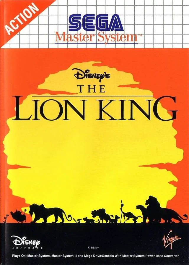 Portada europea de The Lion King per a Sega Master System, amb els personatges perfilats davant d’un sol groc.