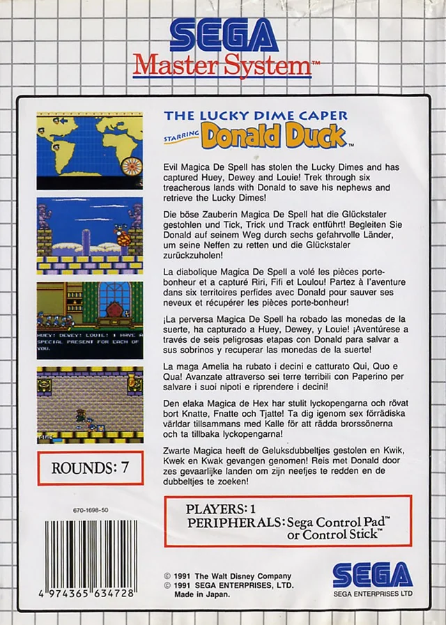 Contraportada europea de The Lucky Dime Caper starring Donald Duck per a Sega Master System.