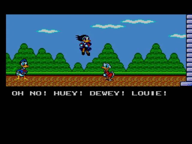 Una figura s’allunya volant mentre Donald crida els noms de Huey, Dewey i Louie.