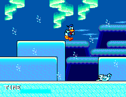 Donald Duck salta entre plataformes de gel mentre les ràfegues travessen el paisatge blau.