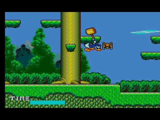 Donald Duck colpeja amb el mall un objecte fixat a un arbre, entre plataformes i amb la barra de temps visible.
