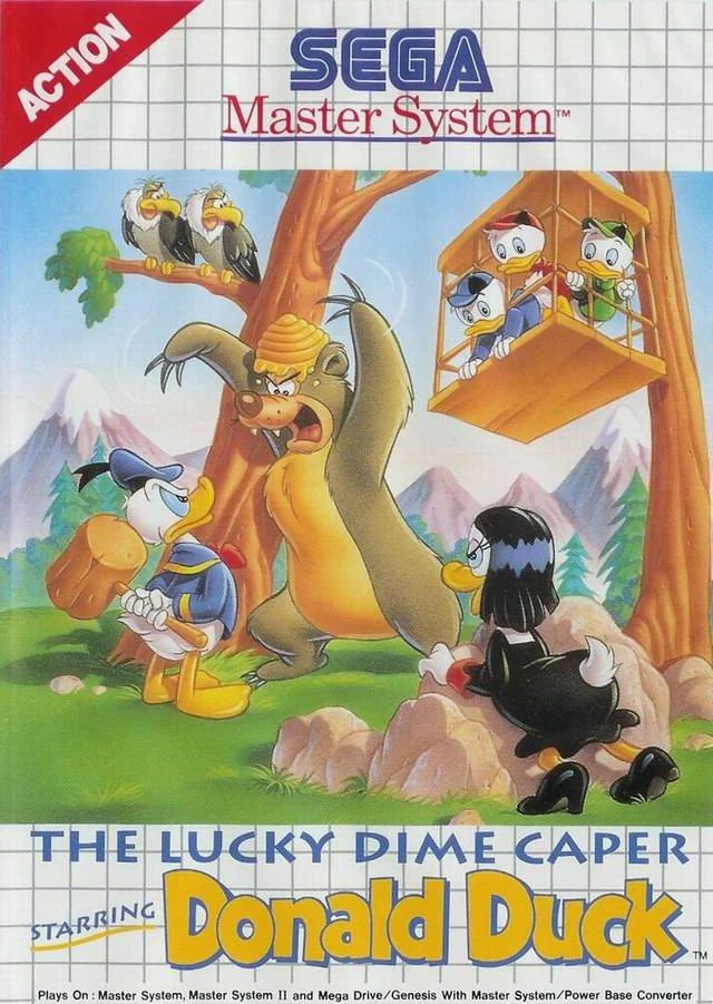 Portada europea de The Lucky Dime Caper starring Donald Duck per a Sega Master System, amb Donald, Magica i els tres nebots.