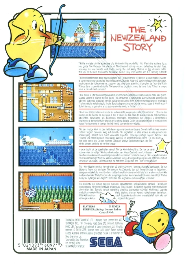 Contracoberta europea de The New Zealand Story per a Sega Master System, amb captures i textos multilingües.
