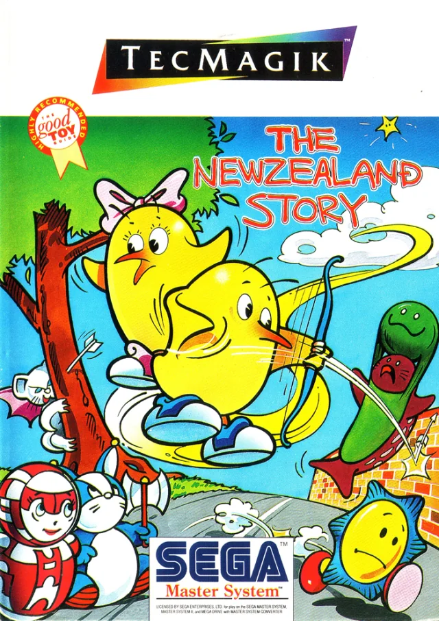Coberta frontal europea de The New Zealand Story per a Sega Master System, amb Tiki disparant amb l’arc.