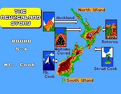 Mapa de Nova Zelanda amb diverses destinacions i la ronda 5-4 assenyalada a Mount Cook.