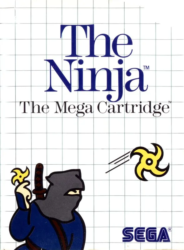 Portada europea de The Ninja per a Sega Master System, amb un ninja blau i dos shurikens.