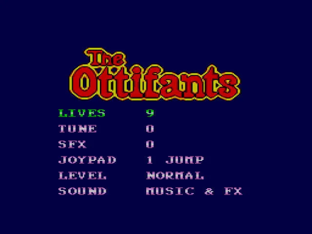 Pantalla d’opcions de The Ottifants amb vides, so, dificultat i assignació dels botons.