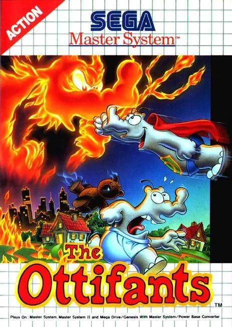Portada europea de The Ottifants per a Sega Master System, amb Bruno i dos elefants davant d’una figura de foc.