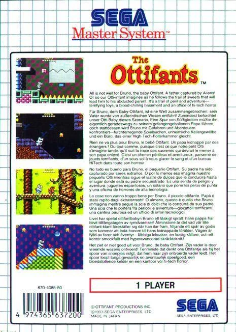 Contraportada europea de The Ottifants per a Sega Master System, amb text multilingüe i quatre captures.