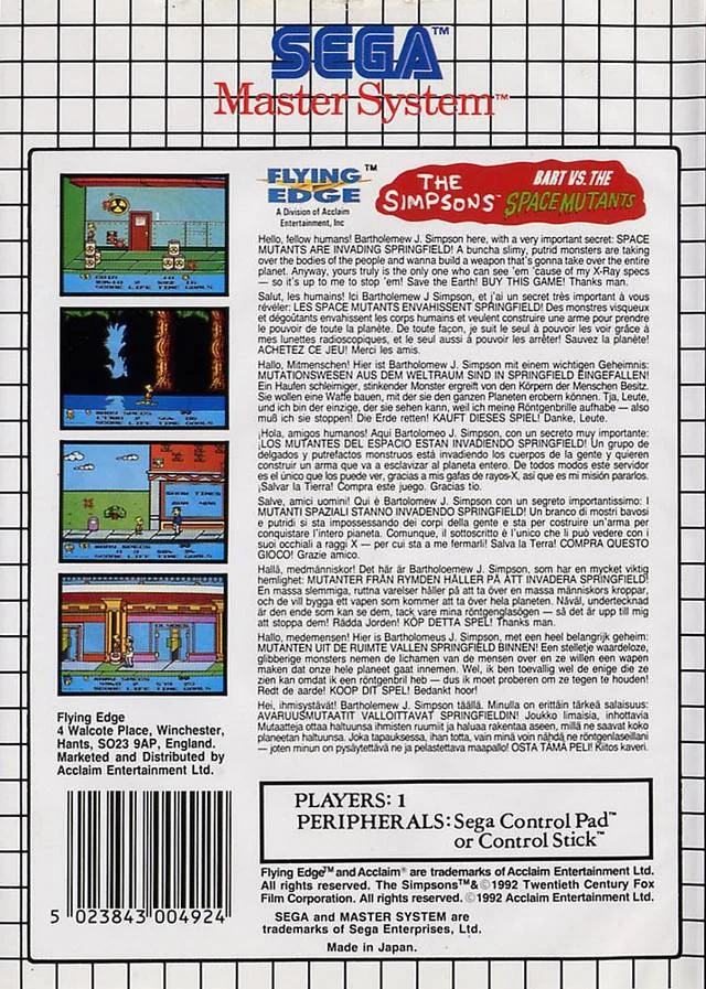 Contraportada europea de The Simpsons: Bart vs. The Space Mutants per a Sega Master System, amb text multilingüe i quatre captures.