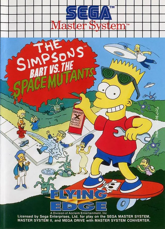 Portada europea de The Simpsons: Bart vs. The Space Mutants per a Sega Master System, amb Bart sobre un monopatí.
