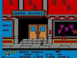 Bart davant d’un edifici amb el rètol «SPACE MUTANT» i figures porpra als aparadors.