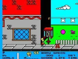 Bart en un carrer de Springfield, al costat d’una cabina, un mutant verd i diversos objectes de colors.