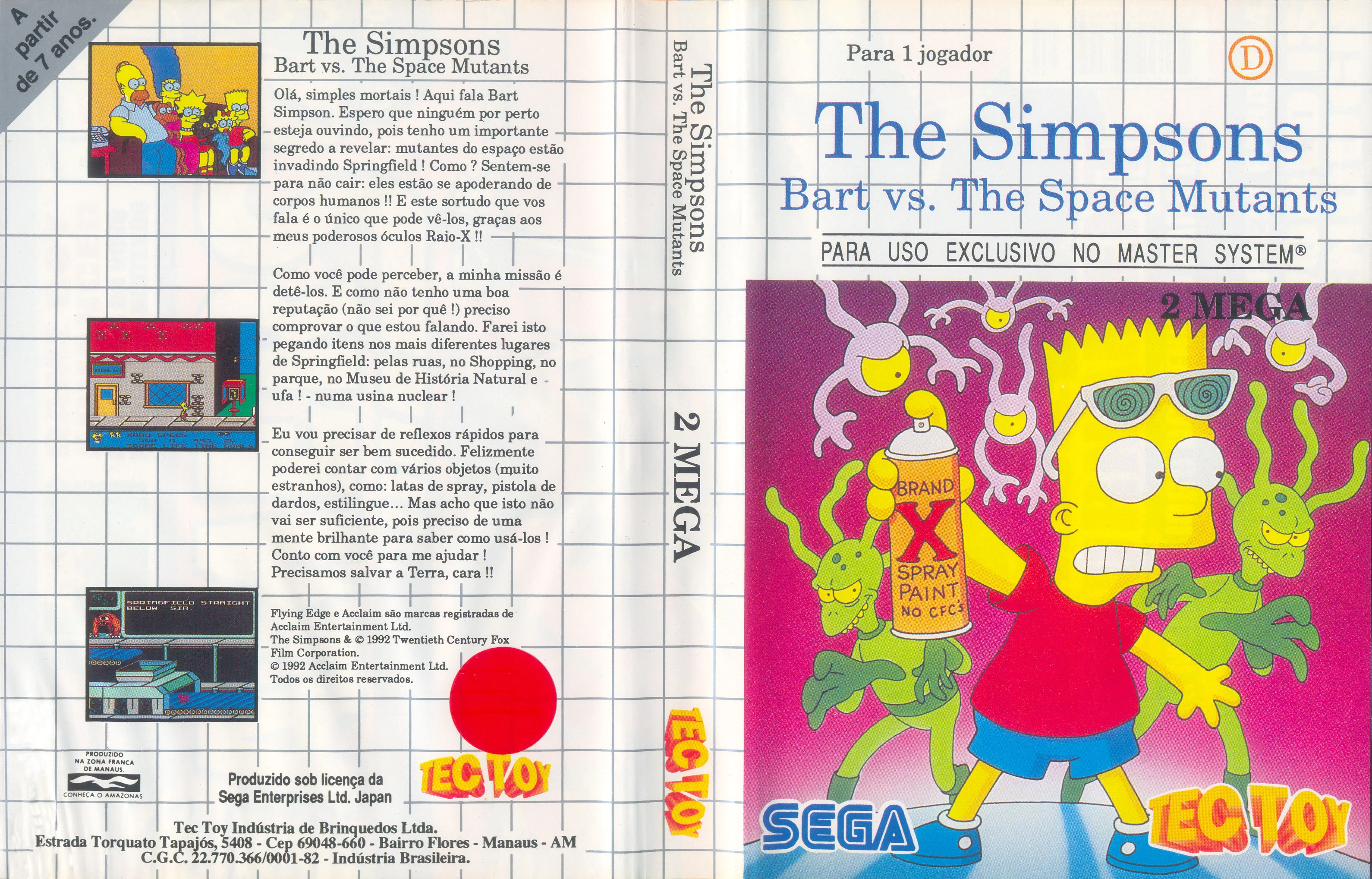 Caràtula desplegada brasilera de The Simpsons: Bart vs. The Space Mutants, amb text portuguès i marca Tec Toy.