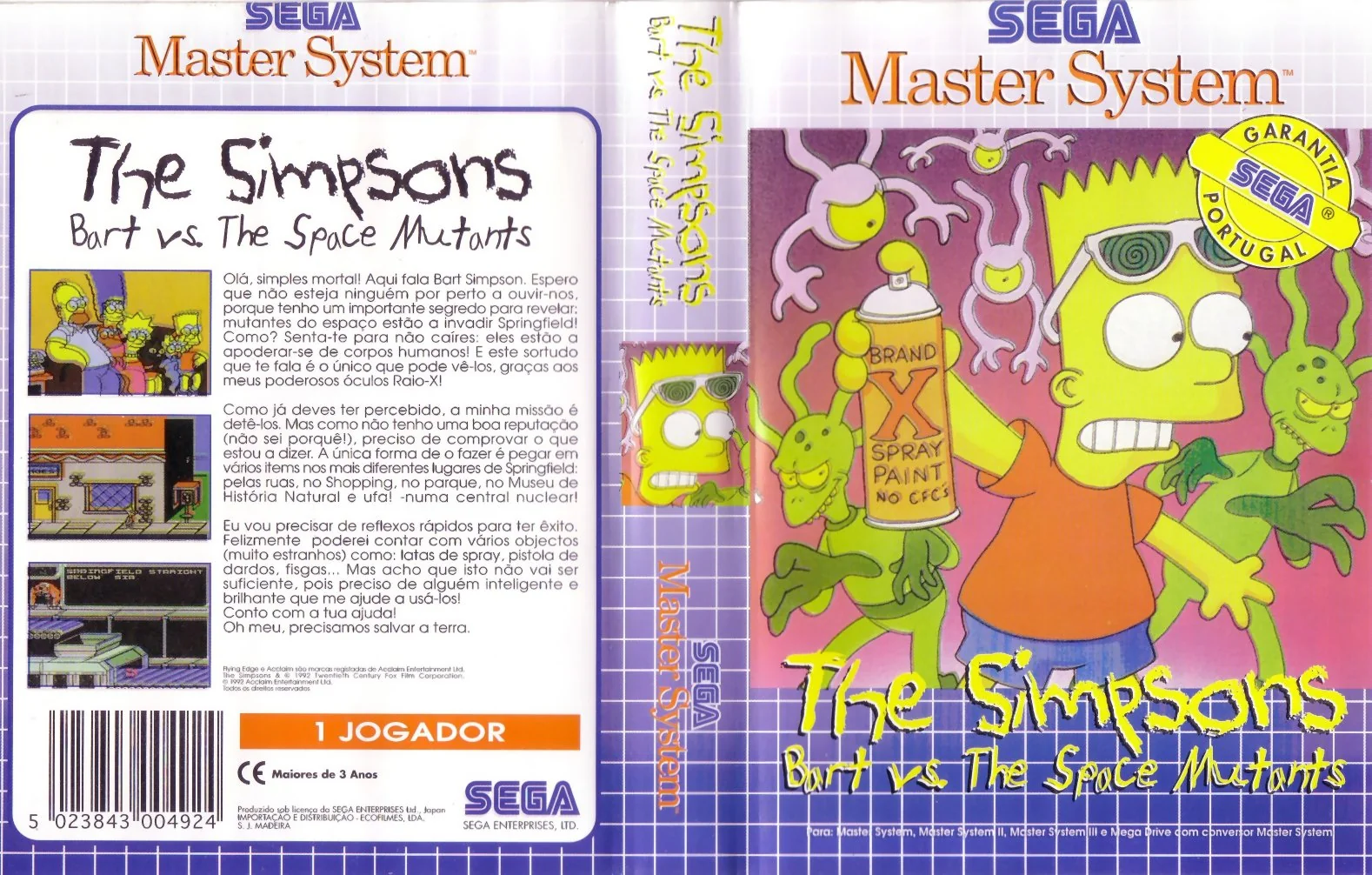 Caràtula desplegada portuguesa de The Simpsons: Bart vs. The Space Mutants, amb caixa morada i text posterior en portuguès.