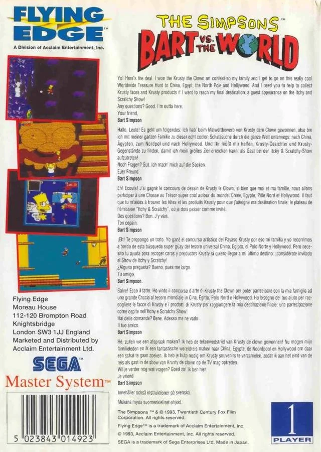 Contraportada europea de The Simpsons: Bart vs. the World per a Master System, amb text multilingüe i captures del joc
