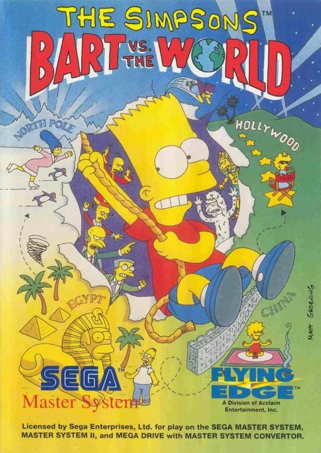 Portada europea de The Simpsons: Bart vs. the World per a Master System, amb Bart davant d’un mapa del món