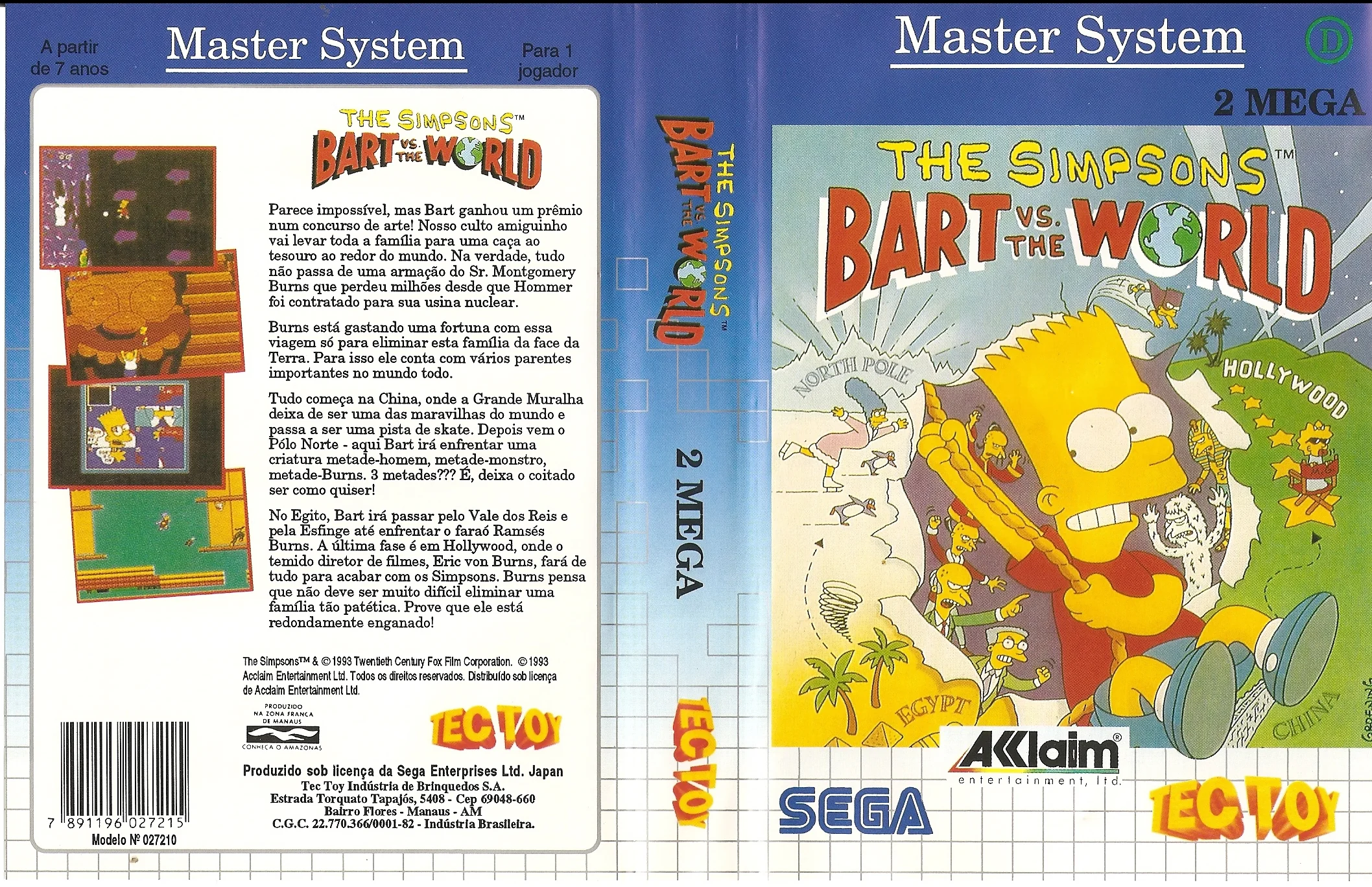 Caràtula brasilera desplegada de The Simpsons: Bart vs. the World, amb portada, llom, textos en portuguès i marques de Tec Toy
