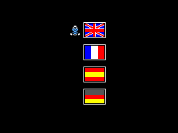 Pantalla de selecció d’idioma amb les banderes del Regne Unit, França, Espanya i Alemanya.