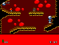 Hefty Smurf puja per una cova vermella mentre la lava ocupa la part inferior de la pantalla.