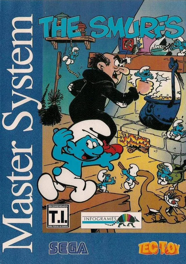 Portada brasilera de The Smurfs amb Gargamel, diversos barrufets i els logotips d’Infogrames i Tec Toy.