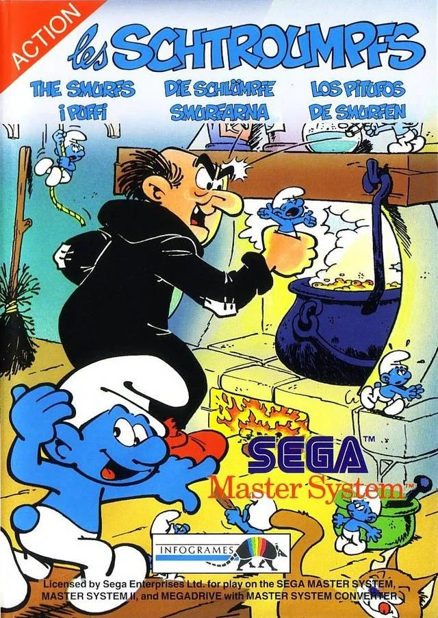 Portada frontal europea de The Smurfs per a Sega Master System/Mark III, amb Gargamel sostenint un barrufet davant d’un calder.