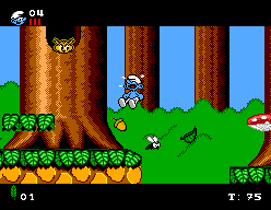 Hefty Smurf salta entre arbres, vegetació i bolets en una fase de bosc, amb enemics a diferents altures.