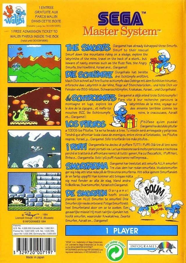 Contraportada europea de The Smurfs per a Sega Master System/Mark III, amb textos multilingües i quatre captures del joc.