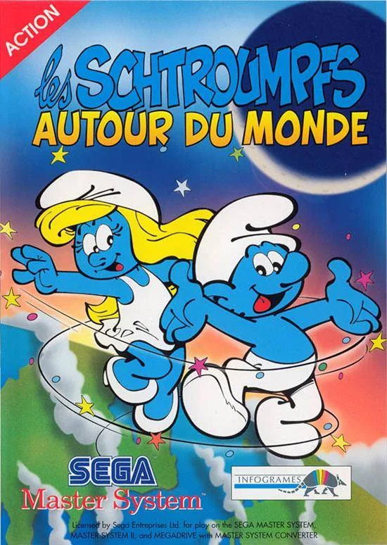 Portada frontal europea de The Smurfs Travel the World per a Sega Master System, amb el Gran Barrufet i la Barrufeta sobre un globus.