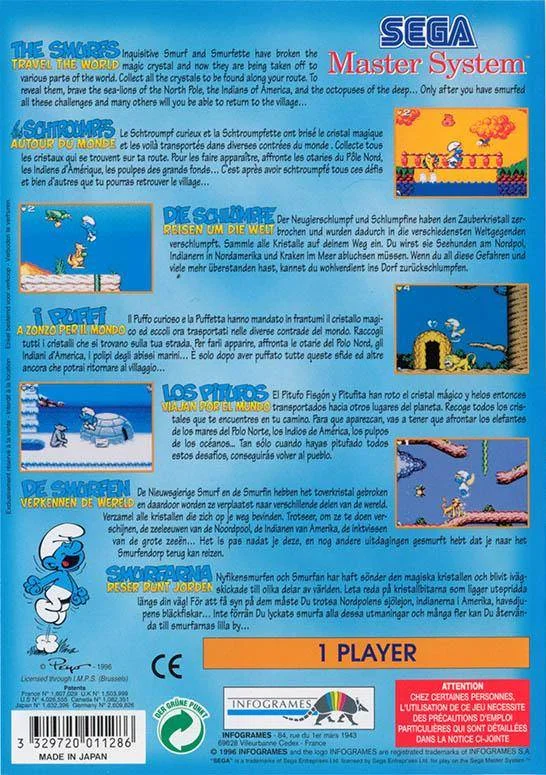 Contraportada europea de The Smurfs Travel the World per a Sega Master System, amb text multilingüe i quatre captures.