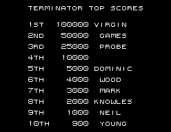 Taula Terminator Top Scores amb deu posicions, puntuacions i inicials de jugadors.