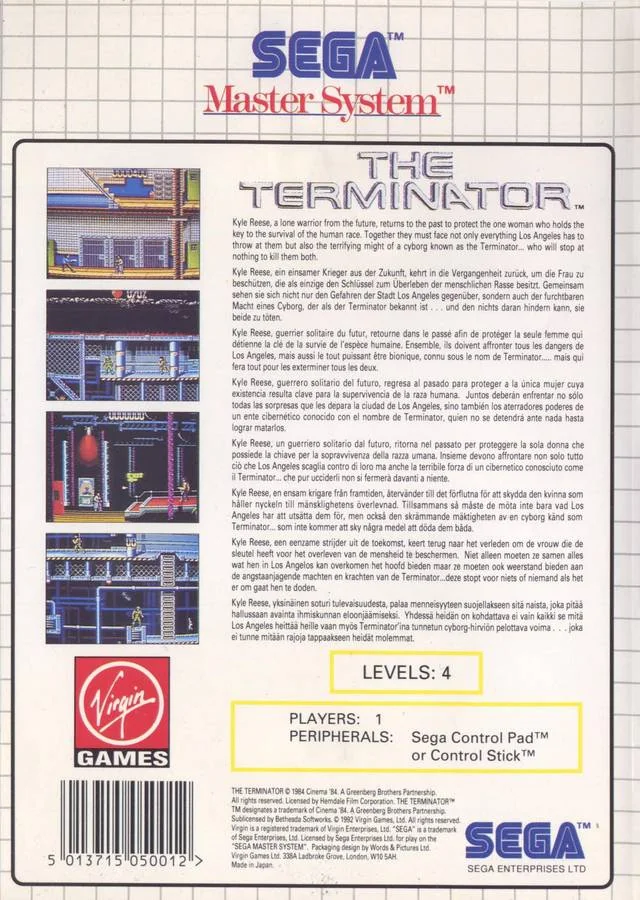 Contraportada europea de The Terminator per a Sega Master System, amb quatre captures i textos en diversos idiomes.
