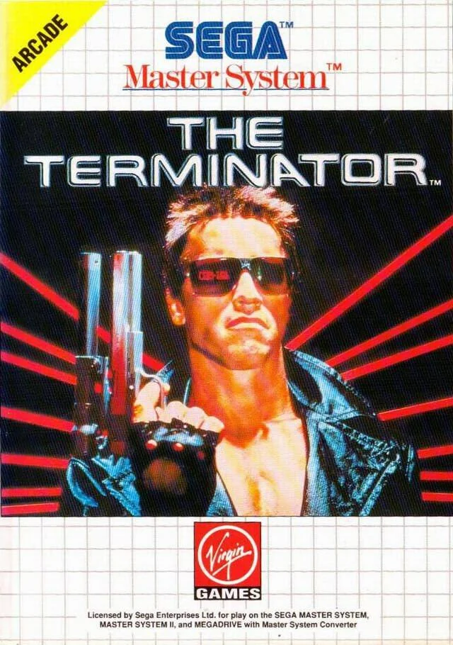 Portada frontal europea de The Terminator per a Sega Master System, amb el protagonista armat sobre un fons negre i vermell.