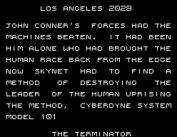 Pantalla introductòria que situa Kyle Reese a Los Angeles l’any 2029 i presenta Skynet i el Terminator model 101.