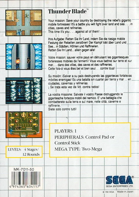 Contraportada europea de Thunder Blade per a Sega Master System amb quatre captures i text multilingüe.