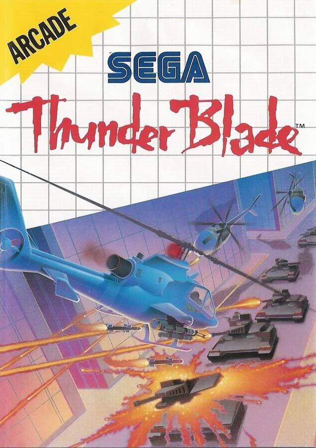 Portada europea de Thunder Blade per a Sega Master System amb un helicòpter blau atacant una columna de tancs.