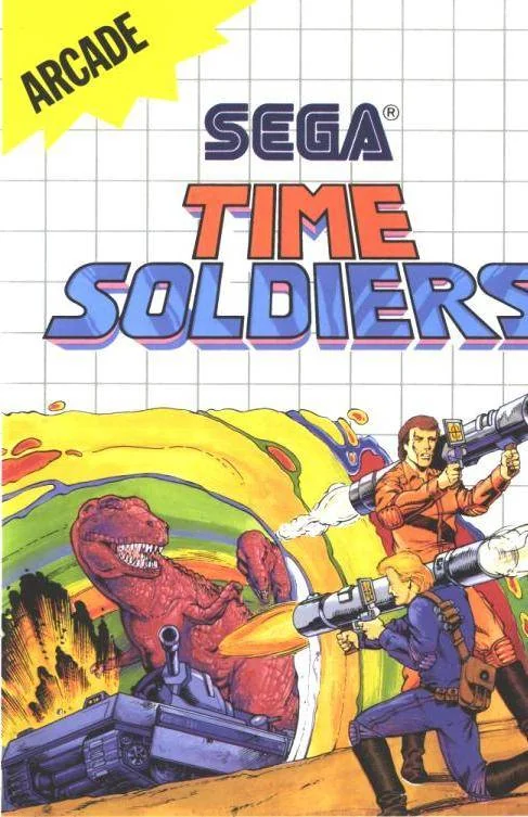 Portada europea de Time Soldiers per a Sega Master System, amb dos soldats, un dinosaure i un vehicle blindat.