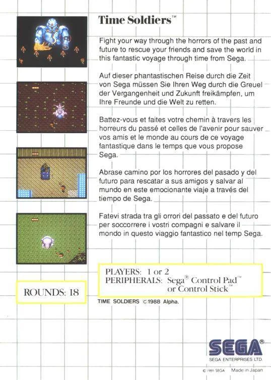 Contraportada europea de Time Soldiers per a Sega Master System, amb quatre captures i textos en cinc llengües.