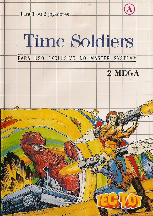 Portada brasilera de Time Soldiers per a Master System, amb el logotip de Tec Toy i la indicació de 2 mega.