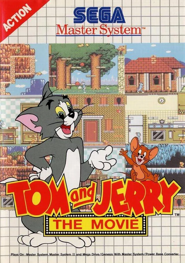 Portada europea de Tom and Jerry: The Movie per a Sega Master System, amb Tom i Jerry davant d’un mosaic d’escenes.