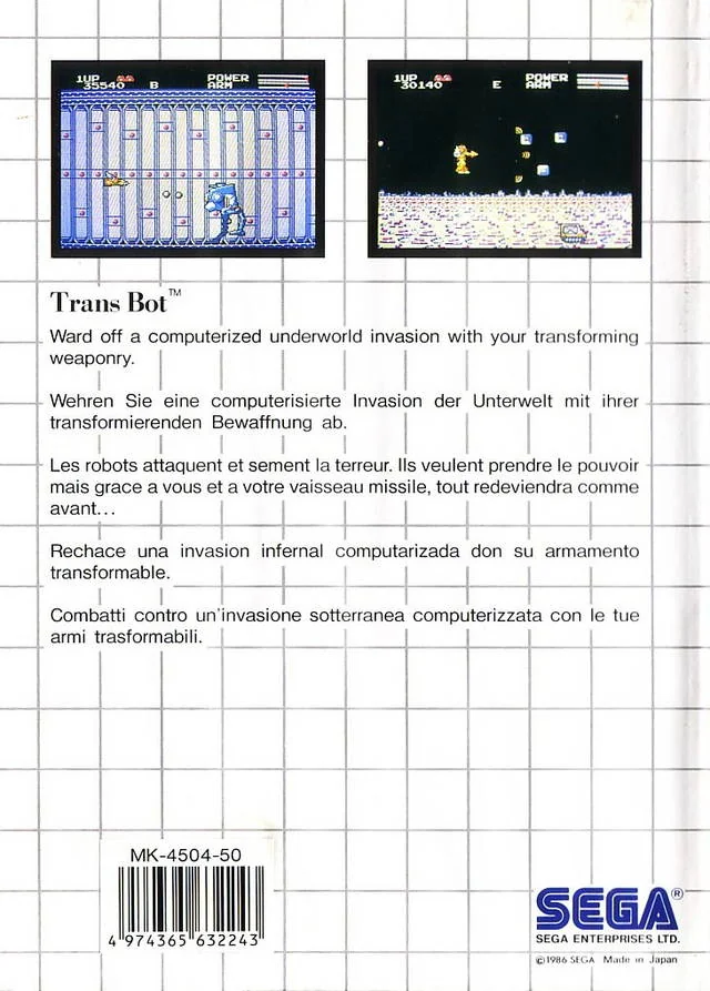 Contraportada europea de TransBot amb dues captures i descripcions en cinc llengües.