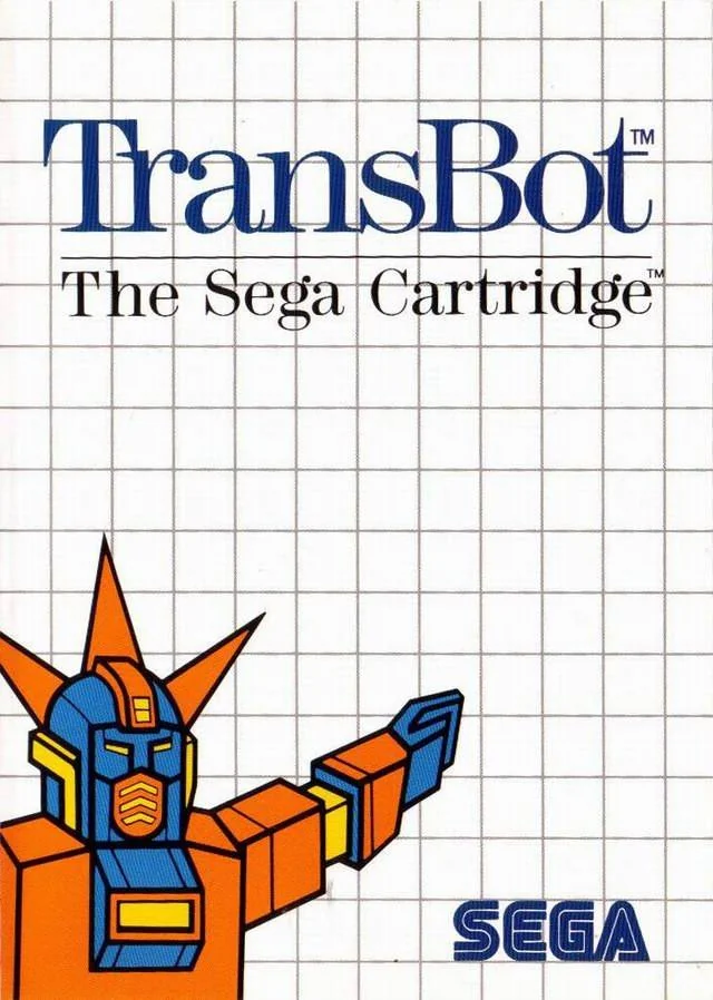 Portada europea de TransBot amb un robot taronja sobre la quadrícula blanca de Sega.